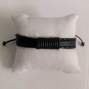 Black Leather Bracelet with Braided Bands and Front String Detail